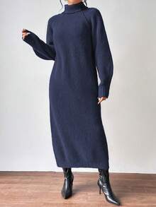 SHEIN Clasi 女士罗纹高领长款毛衣连衣裙，秋冬款 - 藏蓝色 - 查看 3