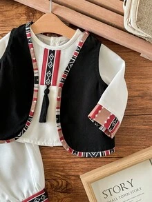 Newborn Baby Girl Cute Color Block Geometric Pattern Long Sleeve Shirt & Elastic Waist Pants Set - Black and White - View 10