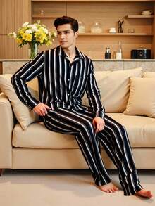 Velminro Men's Comfortable Striped Front Button Long Sleeve Top And Pants Pajama Set, Autumn Men 2 Piece Set Cotton Men Pajama Set - Black and White - View 5