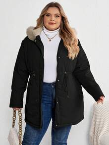 SHEIN CURVE+ Abrigo acolchado con capucha y cordón ajustable en la cintura, unicolor, talla grande y curvilínea - Multicolor - Ver 3
