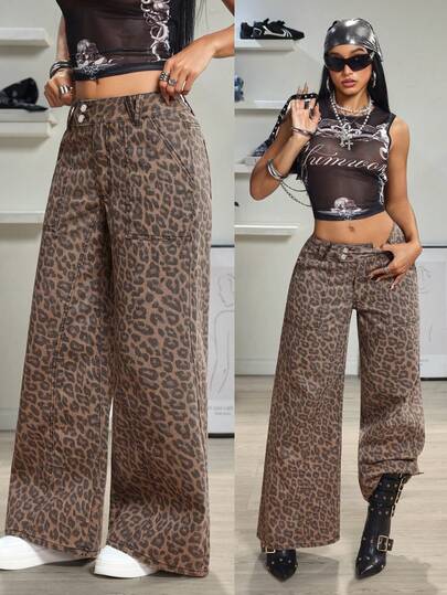 Jeanoix 女士休闲时尚街头风日常通勤豹纹低腰宽松阔腿牛仔裤