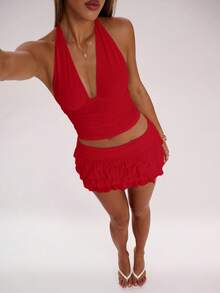 SHEIN BAE 女士性感纯色荷叶边迷你裙，夏季 - 紅色 - 查看 4