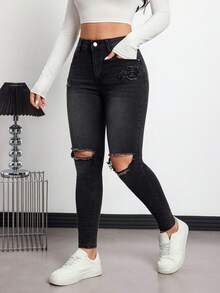 Rivivi Women's High Waist Pocket Distressed Skinny Casual Versatile Jeans - Black - View 4