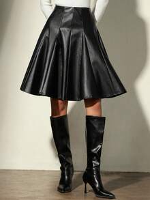 Aveloria Modichic Retro European Style Casual Patchwork Faux Leather PU Skirt - Black - View 4