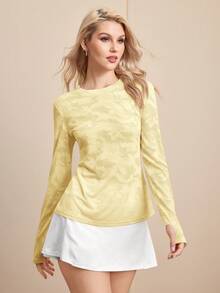 Cheerettes Women Camouflage Print Back Cutout Long Sleeve Casual Fitness Sports T-Shirt - Yellow - View 5