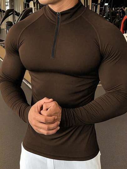 Manfinity Sport PWRUP 男士极简纯色半拉链立领插肩长袖压缩运动T恤