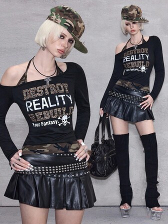 ROMWE Avant T-shirt à manches longues pour femmes, coupe ajustée, imprimé crâne et camouflage doux dans le style Y2K Baddie