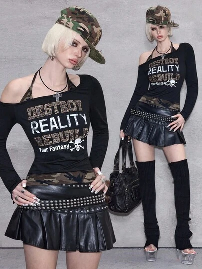 ROMWE Avant Y2K Baddie Camo 毛绒骷髅印花紧身女式长袖 T 恤