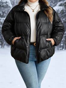 SHEIN CURVE+ Große Damen Reißverschluss Kapuzen Jacke mit Polsterung für Herbst und Winter, dick