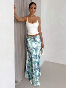 Glamine Women's Elegant Versatile A-Line Skirt, Satin Floral Print Half Slip Skirt, Slimming Graceful Skirt, Summer Clothing Long Beach Skirt Long Skirt Maxi Skirt Mermaid Skirt - Cadet Blue - View 5