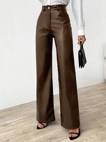 EURMUSE Women's Solid Color Front Button Pocket High Waist Casual Pants, Simple Design For Daily Wear