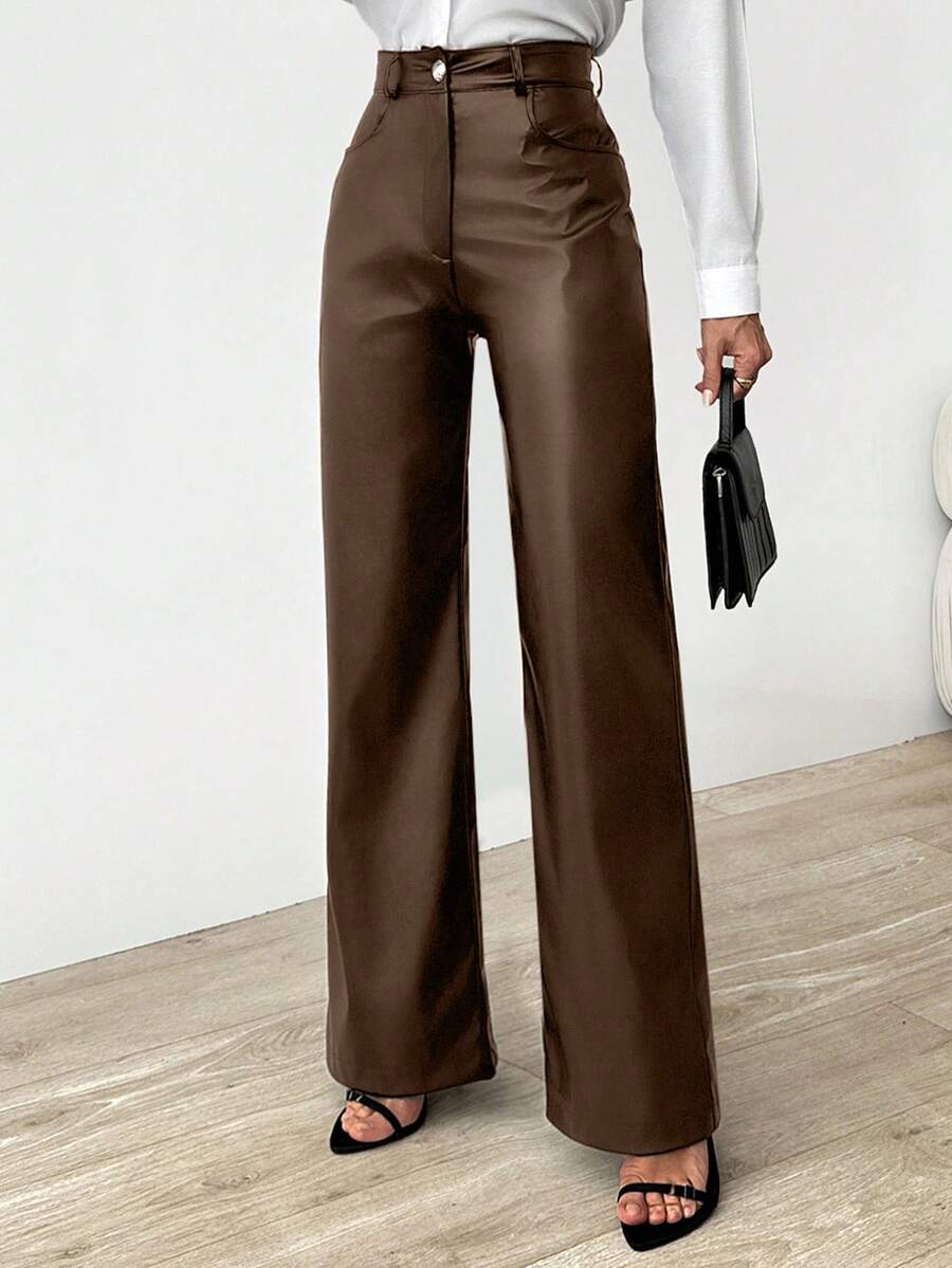 EURMUSE Women's Solid Color Front Button Pocket High Waist Casual Pants, Simple Design For Daily Wear