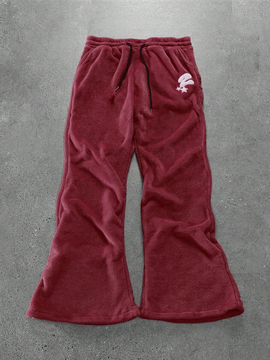 PAVTROS 男士字母刺绣抽绳腰带蓬松运动裤，柔软保暖的珊瑚绒面料 - 酒紅色 - 查看 1