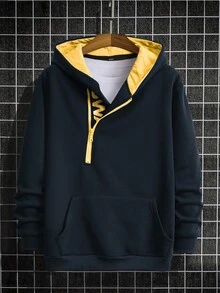 Manfinity Homme 男士字母印花长袖拉链半开襟口袋连帽衫 - 黃色 - 查看 3