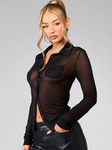 MISSGUIDED Semi Sheer Mesh Button Down Collared Shirt With Chest Pockets Long Sleeve Top - Black - View 6