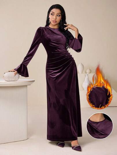 Veilorie Women's Elegant Velvet Long Sleeve Arabic Style Dress