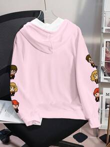 HARRY POTTER X SHEIN Bequemer Rundhals-Langarm Lässig Pullover für Herbst/Winter mit Cartoon-Figur & Hermione Granger Schriftzug, süßer rosa Kapuzenpullover für Frauen