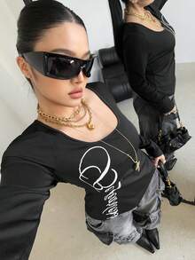 POPSWAY Áo thun dài tay ôm sát in họa tiết đen gợi cảm đa năng, trang phục mặc nhiều lớp cho mùa xuân và mùa thu - màu đen - Xem 6