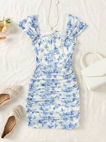 Teen Girl Floral Print Ruffle Neck Fashionable Vacation Dress - Blue - View 3