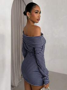 Glamine Women's Fashionable Multi-Color Striped Print Off-Shoulder Long Sleeve Dress - Multicolor - View 2