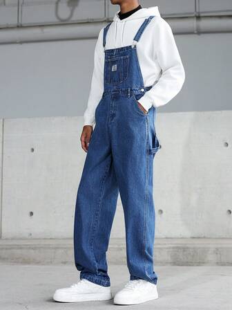 Manfinity Hypemode Herren Lässig Multi-Taschen Brustschutz Denim Latzhose, Streetwear Stil