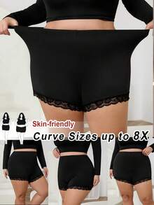 SHEIN CURVE+ Leggings cortos de encaje negro con cintura elástica para mujer de talla grande/2026/Año Nuevo - Negro - Ver 1