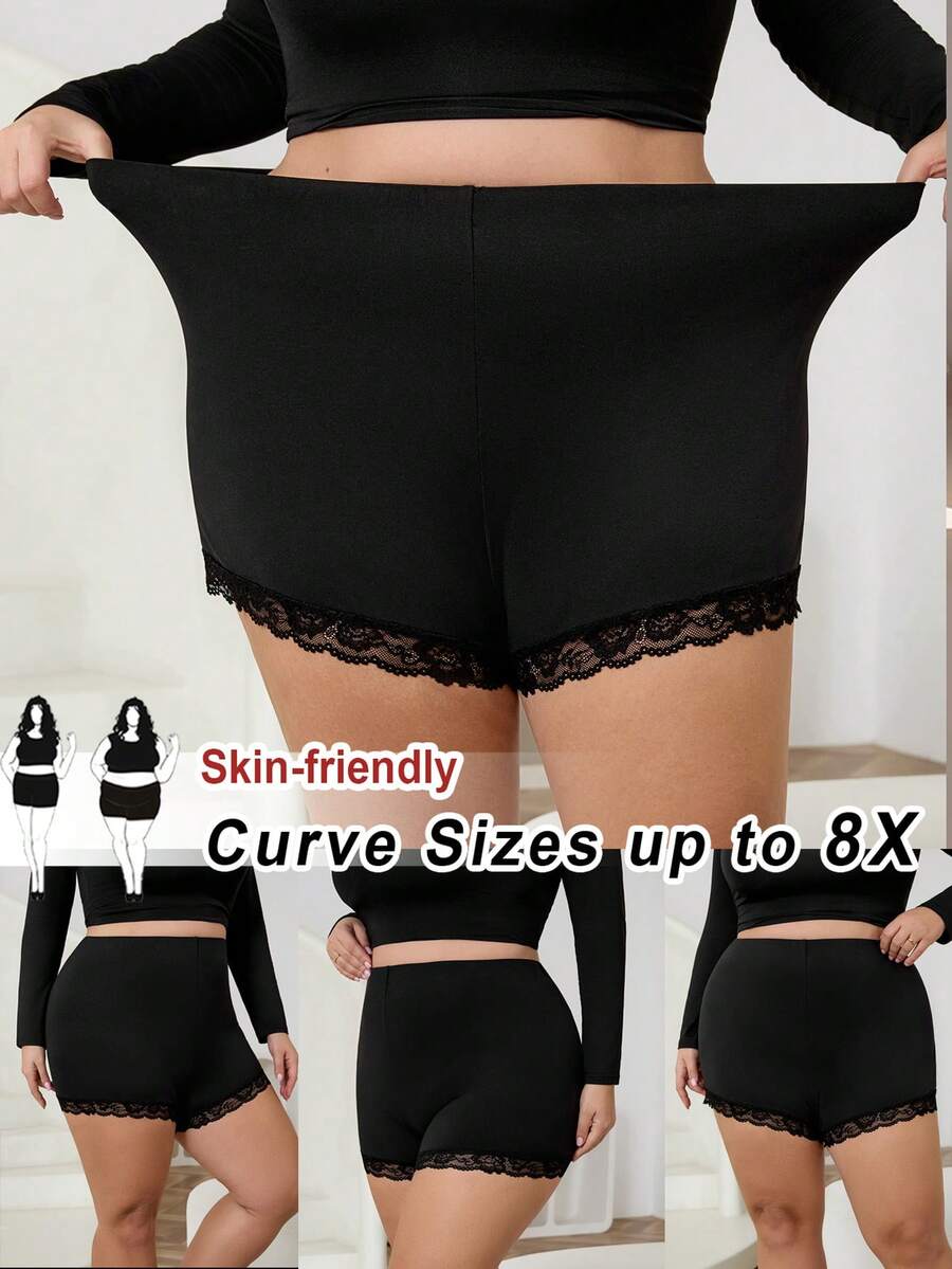 SHEIN CURVE+ Leggings cortos de encaje negro con cintura elástica para mujer de talla grande/2026/Año Nuevo - Negro - Ver 1