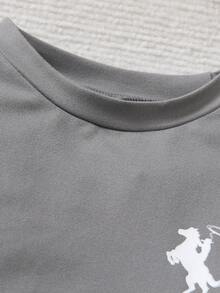 4-7 Years Old Kids Spring/Autumn/Winter Knitted Round Neck Cute Horse Print Long Sleeve T-Shirt And Knitted Horse Print Sports Pants Set, Suitable For Daily Wear, Sports, Vacation, Party, Holiday, Casual Outings, Essential Basic - Grey - View 5