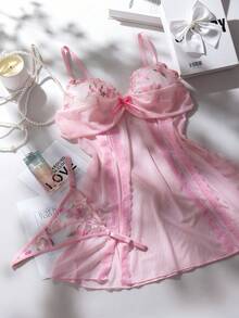 2pcs Women Floral Embroidery Mesh Bow Decor Camisole Sexy Nightgown Set