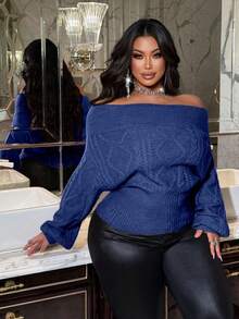NU&NOW Áo len dệt kim màu trơn hở vai cỡ lớn cho nữ - Màu xanh lam - Xem 1