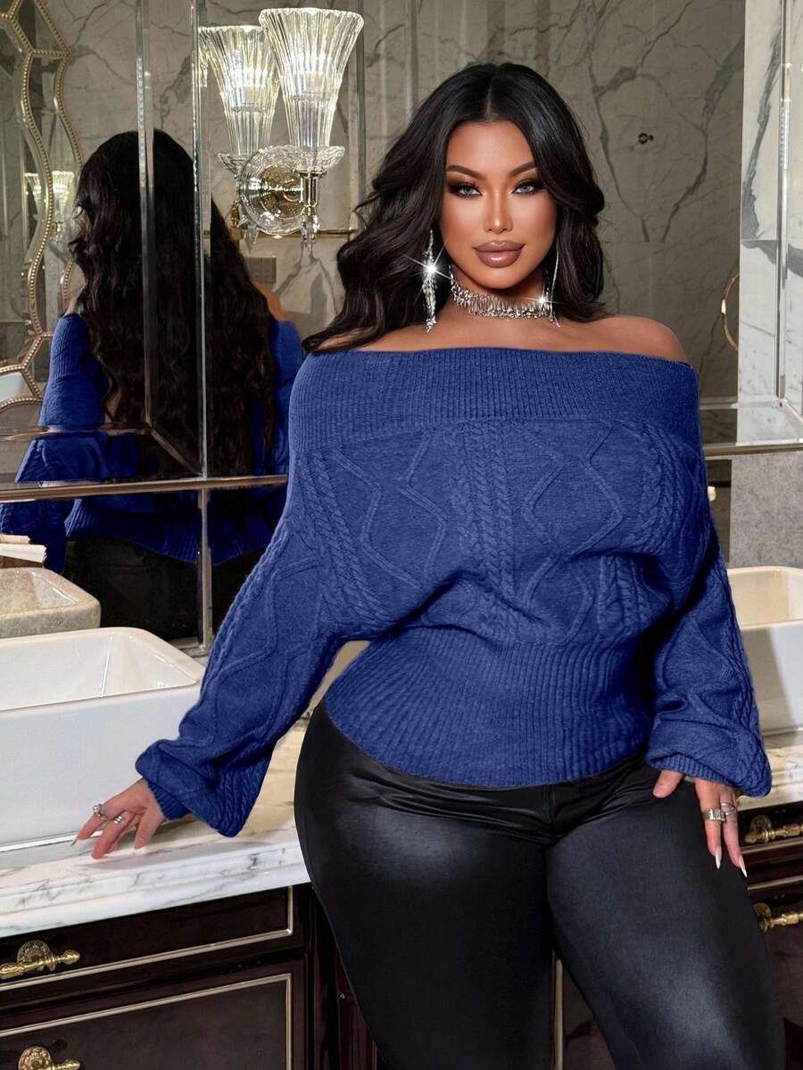 NU&NOW Áo len dệt kim màu trơn hở vai cỡ lớn cho nữ - Màu xanh lam - Xem 1