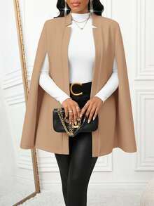 SHEIN Lady 黑色披肩羊毛大衣在秋冬季节时尚百搭，适合日常通勤、聚会和办公穿着。 - 卡其色 - 查看 5