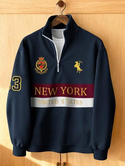 Manfinity Hypemode Men's Half Zip Pullover Sweatshirt With New York Letter & Number Graphic, Contrast Color, Casual Loose Fit Retro American Style Quarter Zip Men  Men Polo Shirt  Men Gifts  Father Gifts