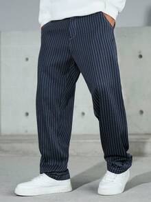Manfinity EMRG Men's Striped Loose Pocket Casual Pants Baggy Clothes For Men Mens Navy Pinstripe Pants Mens Navy Blue Pin Strip Pants Mens Pinstripe Baggy Pants - Black and White - View 5