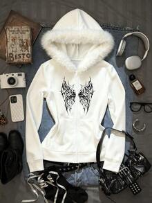 Comfortcana White Gothic Wing Print Sweatshirt, Women's Hooded Sweatshirt With Faux Fur Collar, Y2K Chic - Multicolor - View 7