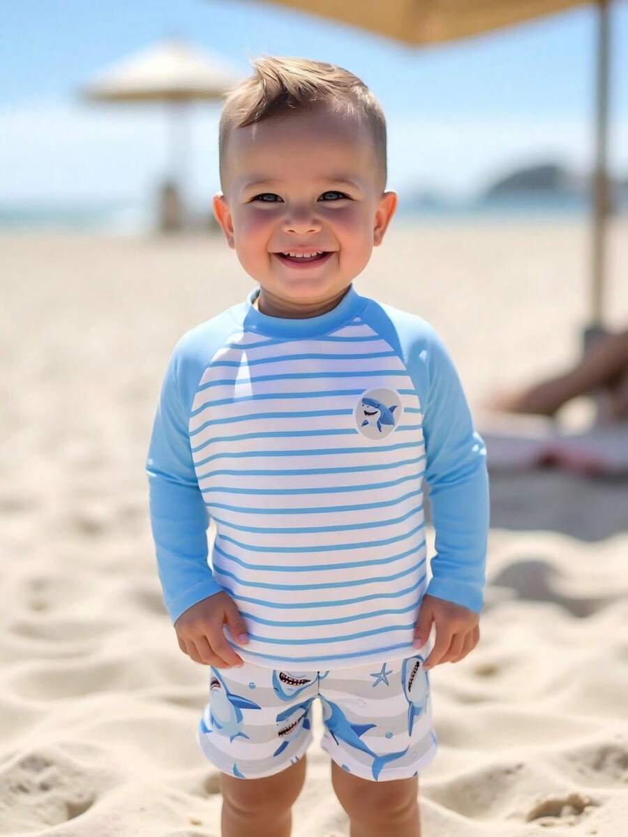Baby Boy Long Sleeve Striped Shark Print Swimsuit Set Baby Boy Rash Guard Baby Boy Swimsuit Long Sleeve Baby Boy Swim Shirt Baby Boy Beach Wear, Beach Swimwear For Kids, Summer Vacation, Pool Party