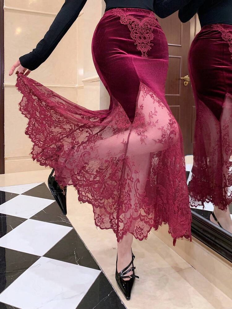 Women's High Waist Contrast Lace Fishtail Hem Elegant Skirt