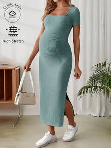 SHEIN 孕妇纯色方领短袖侧开衩修身休闲连衣裙 - 藍色 - 查看 3
