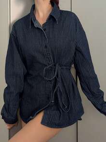 Abrilcols Striped Single-Breasted Denim Side Tie Blouse, Suitable For Everyday Wear,Jeans Jacket,Fall Women Clothes - Dark Wash - View 4