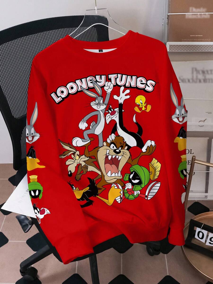 LOONEY TUNES X SHEIN 男士圆领长袖舒适休闲卡通字母印花套头衫，秋冬 - 白色 - 查看 1