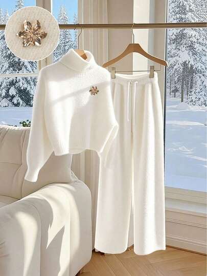 SHEIN Franclia 优雅金属装饰高领灯笼袖宽松针织衫和阔腿裤两件套，欧美风格