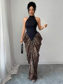 Elenzga 女士黑色针织拼接豹纹圆领无袖褶皱腰身优雅连衣裙，适合生日礼物、约会、派对、正式场合、鸡尾酒会、音乐节、情人节、复活节、劳动节、返校派对、单身派对、春季等场合。 - 黑色 - 查看 4