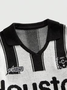 ROMWE MEN Men's Turndown Collar Sporty Street Knit Sweater - Black and White - View 3