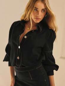 Aralina 靛蓝色牛仔泡泡袖纽扣休闲西部衬衫 - 黑色 - 查看 3