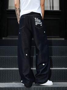 Manfinity EMRG Quần jeans ống loe thêu màu xanh đậm dáng rộng cho nam - Rửa tối - Xem 4