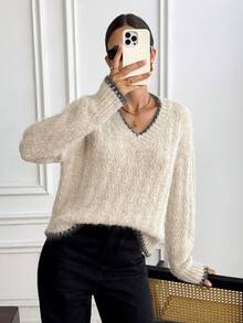 SHEIN Frenchy Women's Casual  Contrast Color V-Neck Drop Shoulder Long Sleeve Sweater, Autumn/Winter ,Autumn/Winter For Women,Going Out ,Chic Sweater, Fall For Women,New Year ,Party,Graduation ,Casual, Prom ,Going Out Tops Winter Casual, All Season ,New Year Clothes,Sweaters For Women - Multicolor - View 4