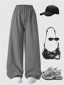 Sparklyn 少女宽松休闲纯色基础款春裤，适合日常通勤、休闲、度假、朋友聚会、街拍，四季皆宜。 - 深灰色 - 查看 3