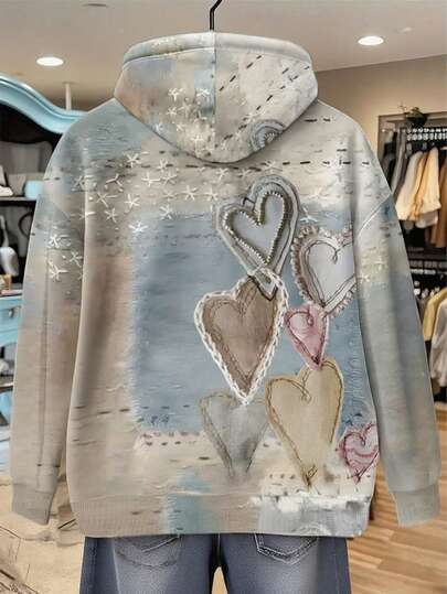 Glissea Sudadera con capucha de mujer con impresión vintage envejecida de corazón de sal marina con efecto tridimensional, adecuada para otoño e invierno, sudadera de moda, sudadera hermosa, regalo para hermanos, regalo para hermana, sudadera divertida, sudadera de moda casual y sencilla
