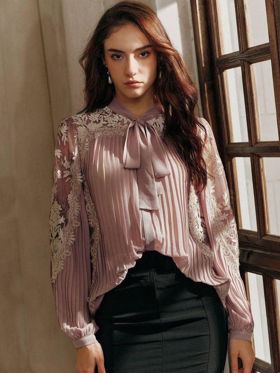 SHEIN Unity 新款优雅宽松褶皱雪纺长袖衬衫，法式复古蕾丝拼接衬衫，适合春季、夏季、度假、派对、情人节等场合。 - 粉色 - 查看 1