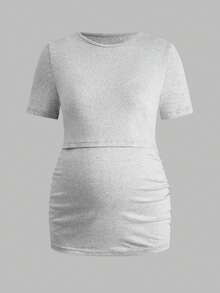 Modmama 孕妇纯色圆领短袖休闲哺乳上衣